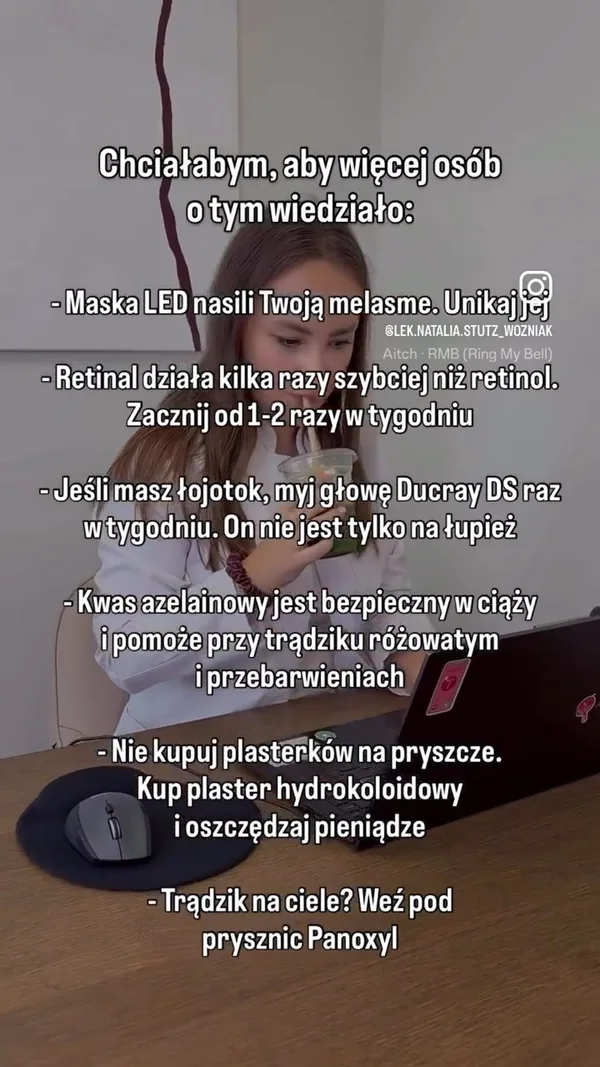Kadr z rolki: plansza tekstowa z listą porad dermatologicznych